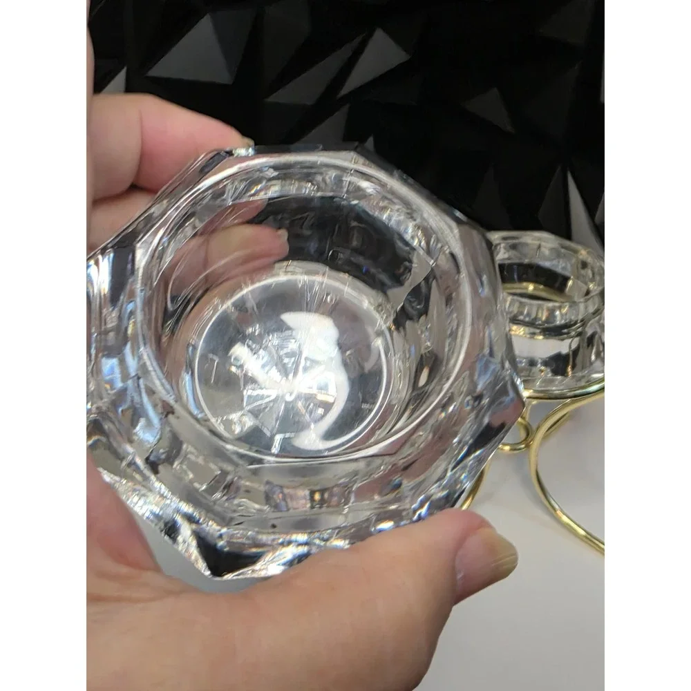 Diamond Shaped Crystal Glass Votive Candle Holders Gold Metal Stands Set of 2